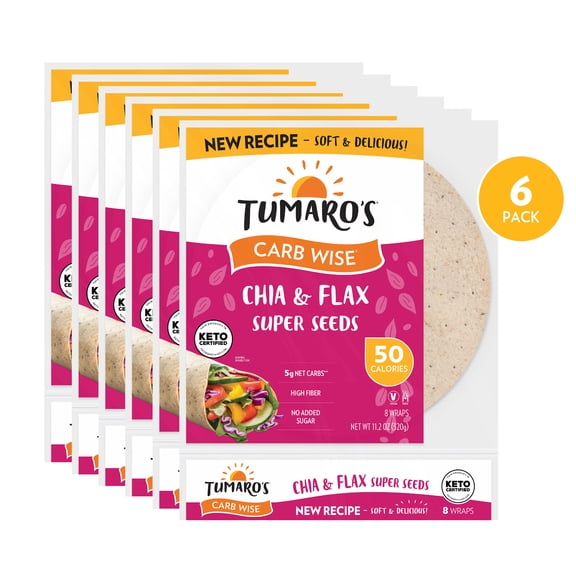 Tumaro's Chia & Flax Super Seeds Carb Wise Wraps, 6 pack, 48 Count