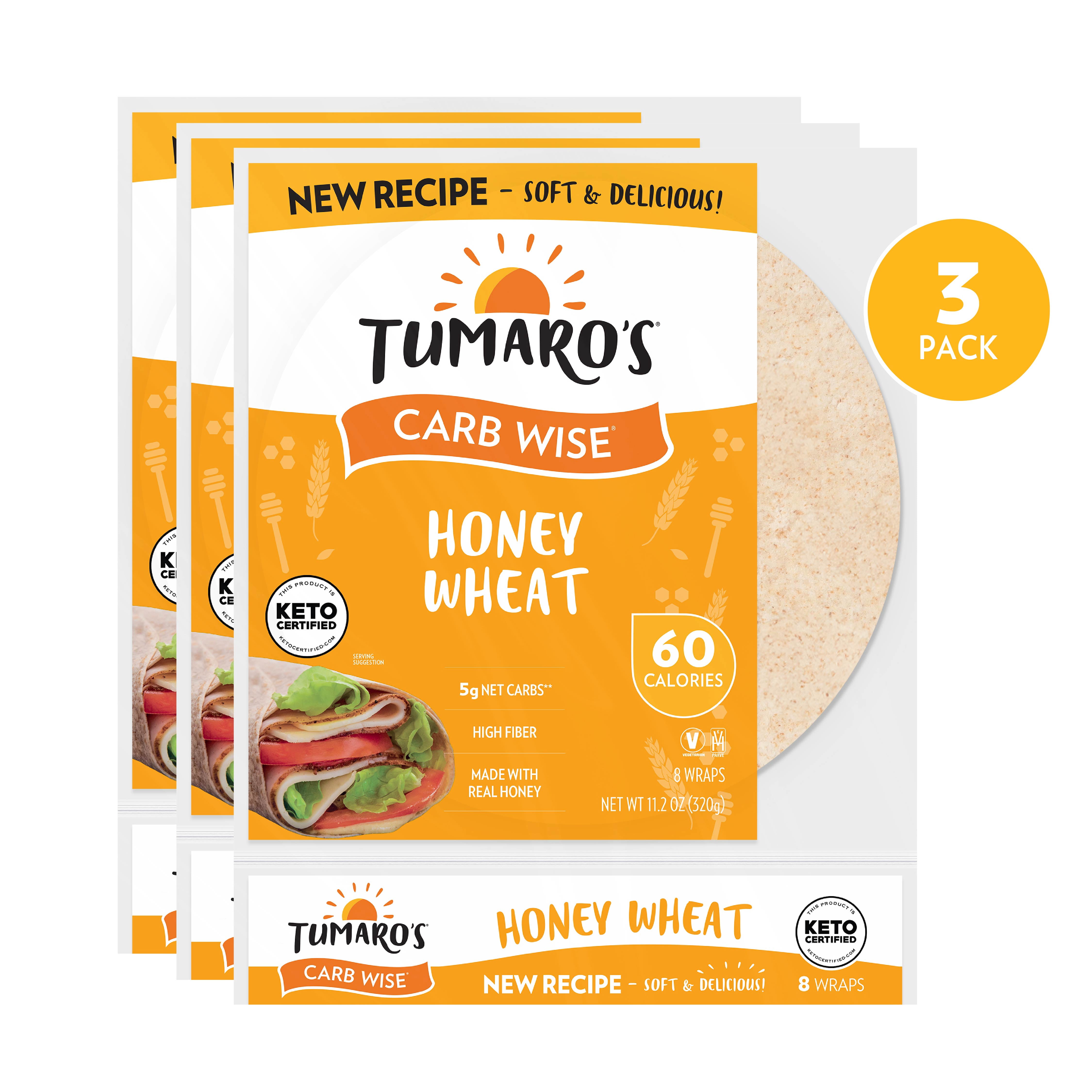 Tumaro's Honey Wheat Carb Wise Wraps, 3 pack, 24 count
