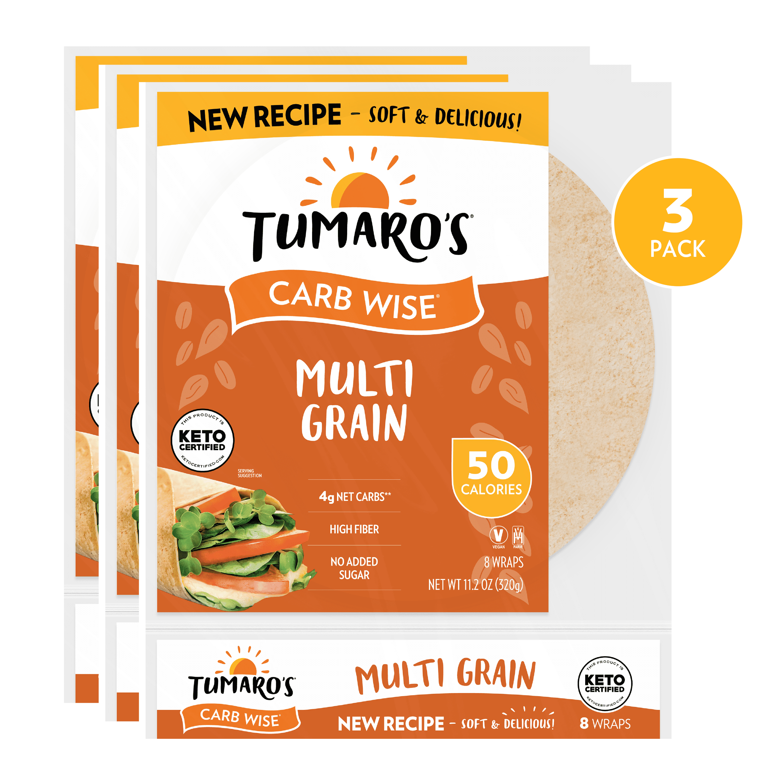Tumaro's Multi Grain Carb Wise Wraps, 4 Net Carbs, Keto Certified, 3 pack, 24 count
