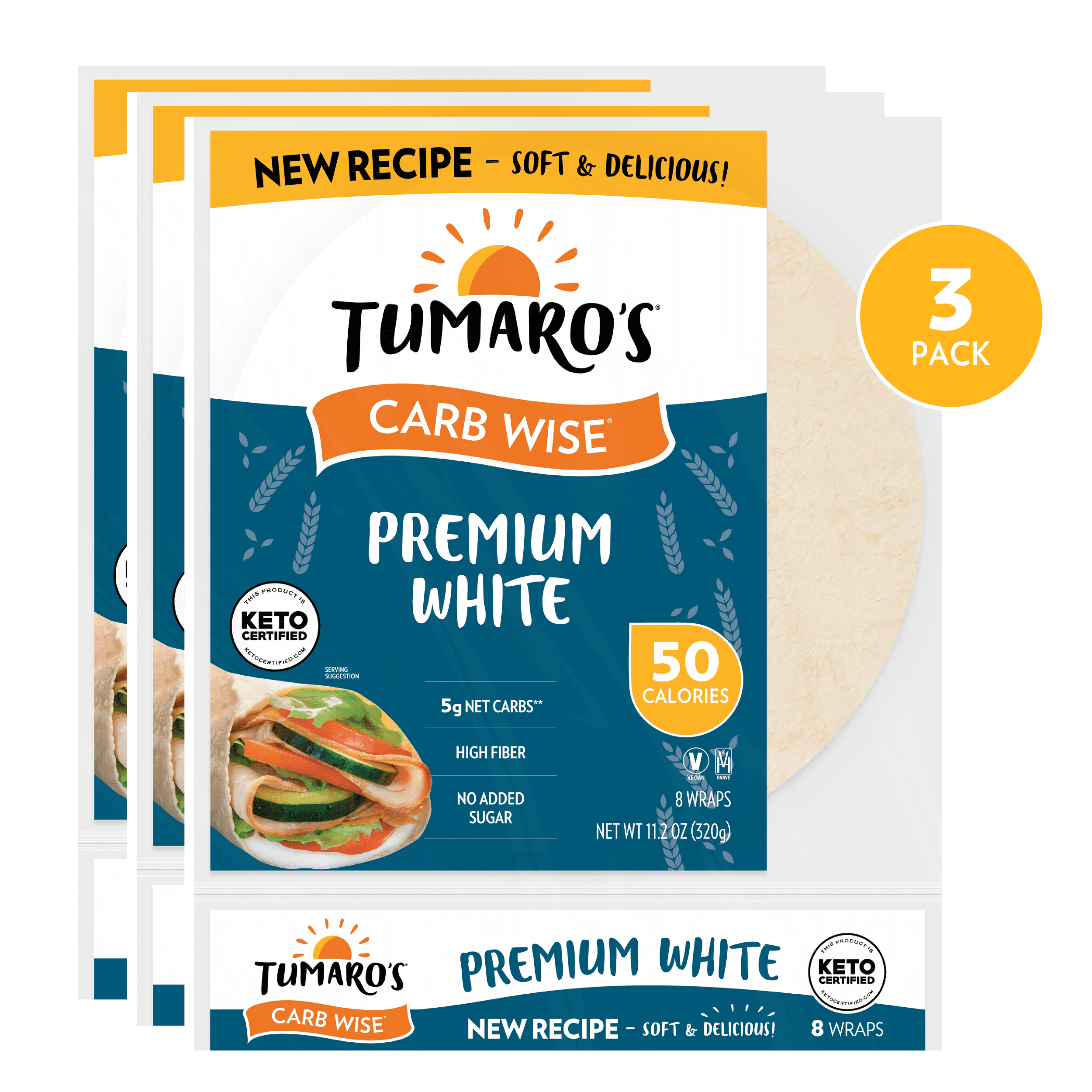 Tumaro's Premium White Carb Wise Wraps, 5 Net Carbs, Keto Certified, 3 pack, 24 count