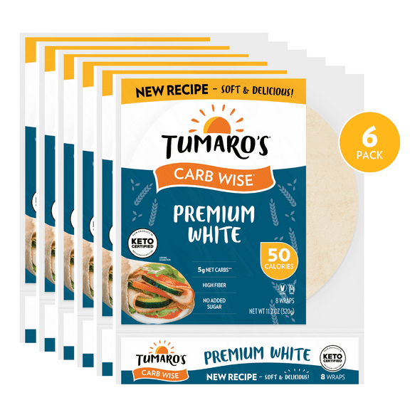 Tumaro's Premium White Carb Wise Wraps, 5 Net Carbs, Keto Certified, 6 pack, 48 count