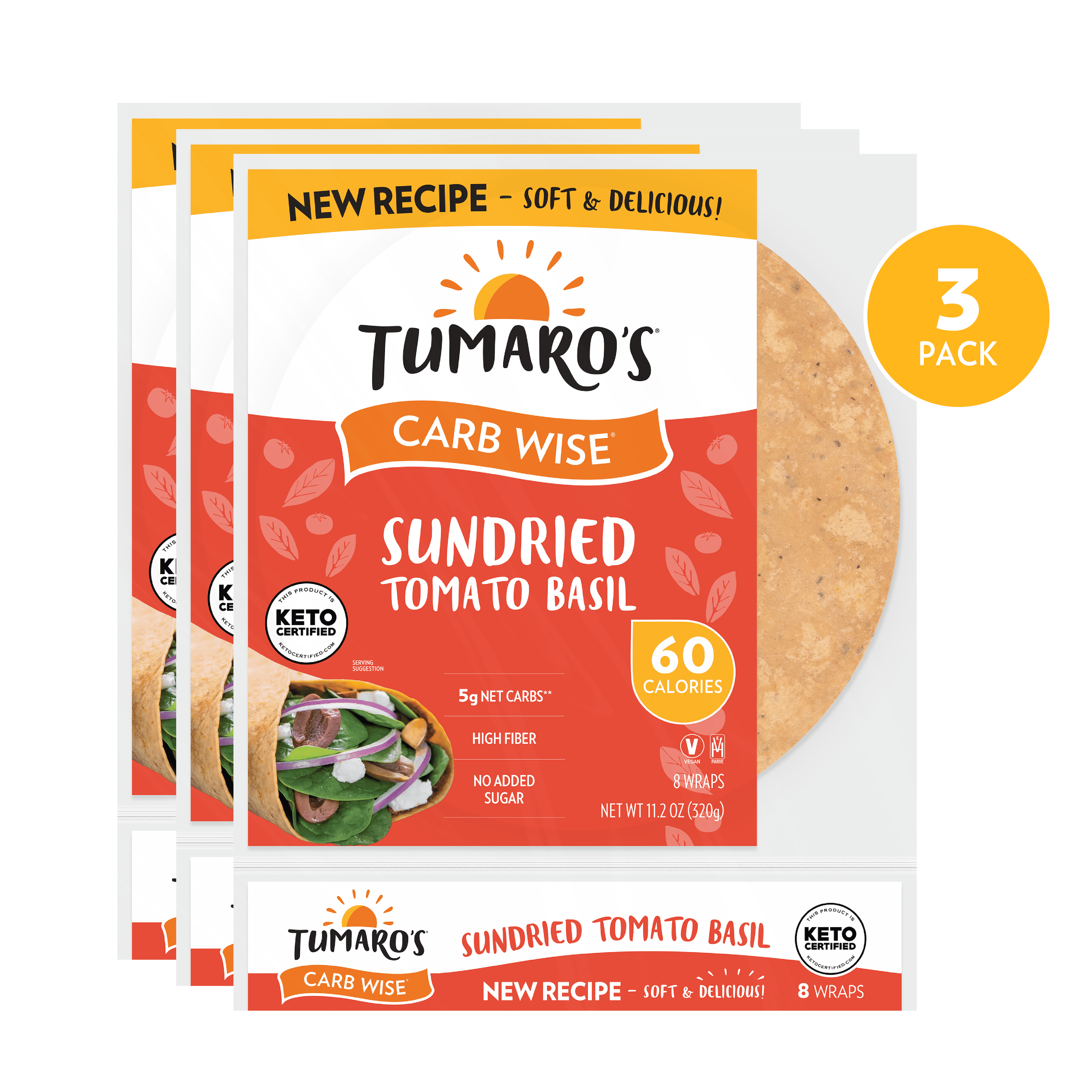 Tumaro's Sundried Tomato Basil Carb Wise Wraps, 3 pack, 24 count