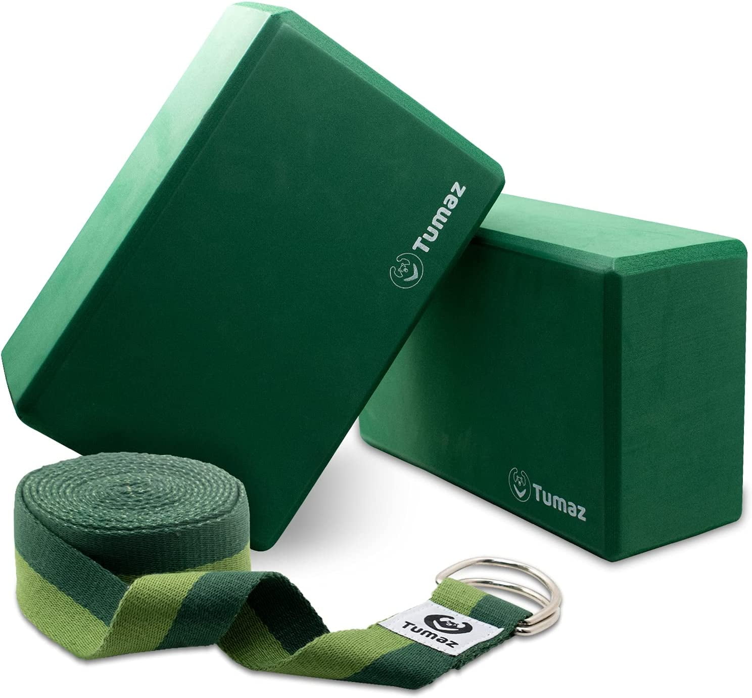 Tumaz Yoga Blocks 2 Pack with Strap, Lightweight Foam Yoga Blocks, Green 
