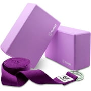 Tumaz Yoga Blocks 2 Pack with Strap Set, Lightweight Foam Yoga Blocks, Yoga Accessories Kit, Purple