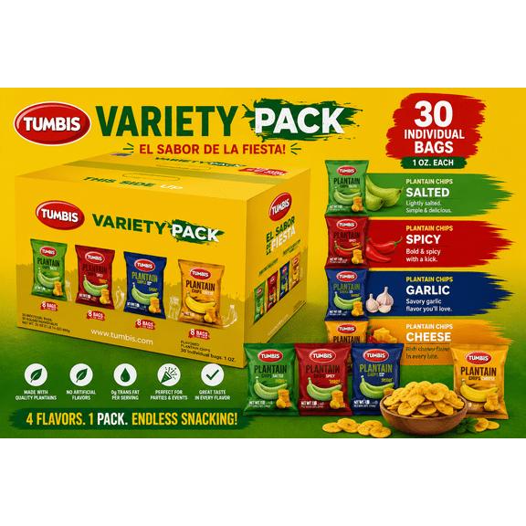 Tumbis Plantain Chips Variety Pack, Assorted Flavors, 2 oz Individual Bags, 20 Count