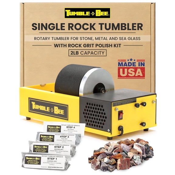 Tumble-Bee Rotary Rock Tumbler with Rock Grit Polish Kit - Rock Polisher Machine, Tumbling Equipment for Stone, Glass, and Metal Collection, Polishing Tool for Adults & Kids, Model TB-12-KIT