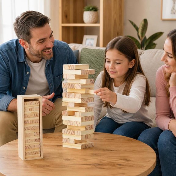 Tumble Tower Game, 54 Pine Wood Stacking Blocks with Storage Crate, Indoor and Outdoor Family Game