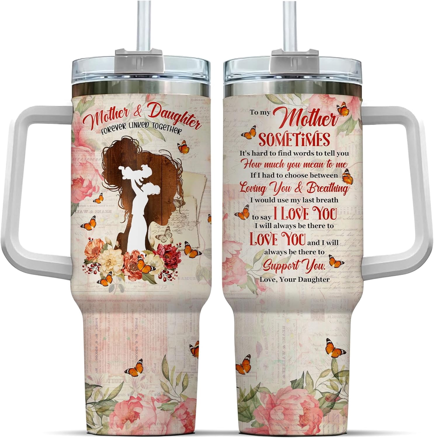 Tumbler 40 Oz With Handle Lid And Straw, Mom Gifts, Butterfly Stainless Funny Primrose Modern Be Cups Coffee Quartz Mama Parade Cup Hot Yellow For Day To, Mother Daughter Floral