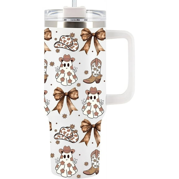 Tumbler 40Oz With Handle For Women, Men - Fall Cup, Spirit Halloween Cup For Mom, Sister - Halloween Kitchen Decor, Ghost Tumbler, Funny Spooky Gift For Friend, Coworker (Brown Coquette)