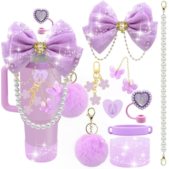 Tumbler Accessory Set for 40oz 30oz Cup, Glitter Bow Straw Topper Heart Cover Pearl Handle Strap Boot Pom and Keychain Charms
