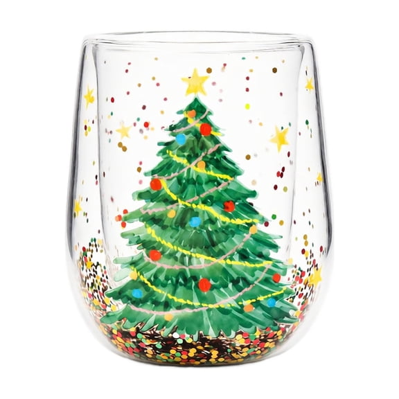 Tumbler Double Wall Glass Christmas Tree Confetti Design 1 Pack Stemless Cup for Holiday Drinks Home Party Table Decor