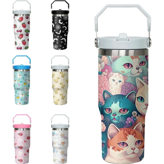 Tumbler with Handle and Flip Straw for Women Men, 30oz Cute Cat Stainless Steel Insulated Cup, Water Bottle Travel Coffee Mug, Gifts for Animal Lovers