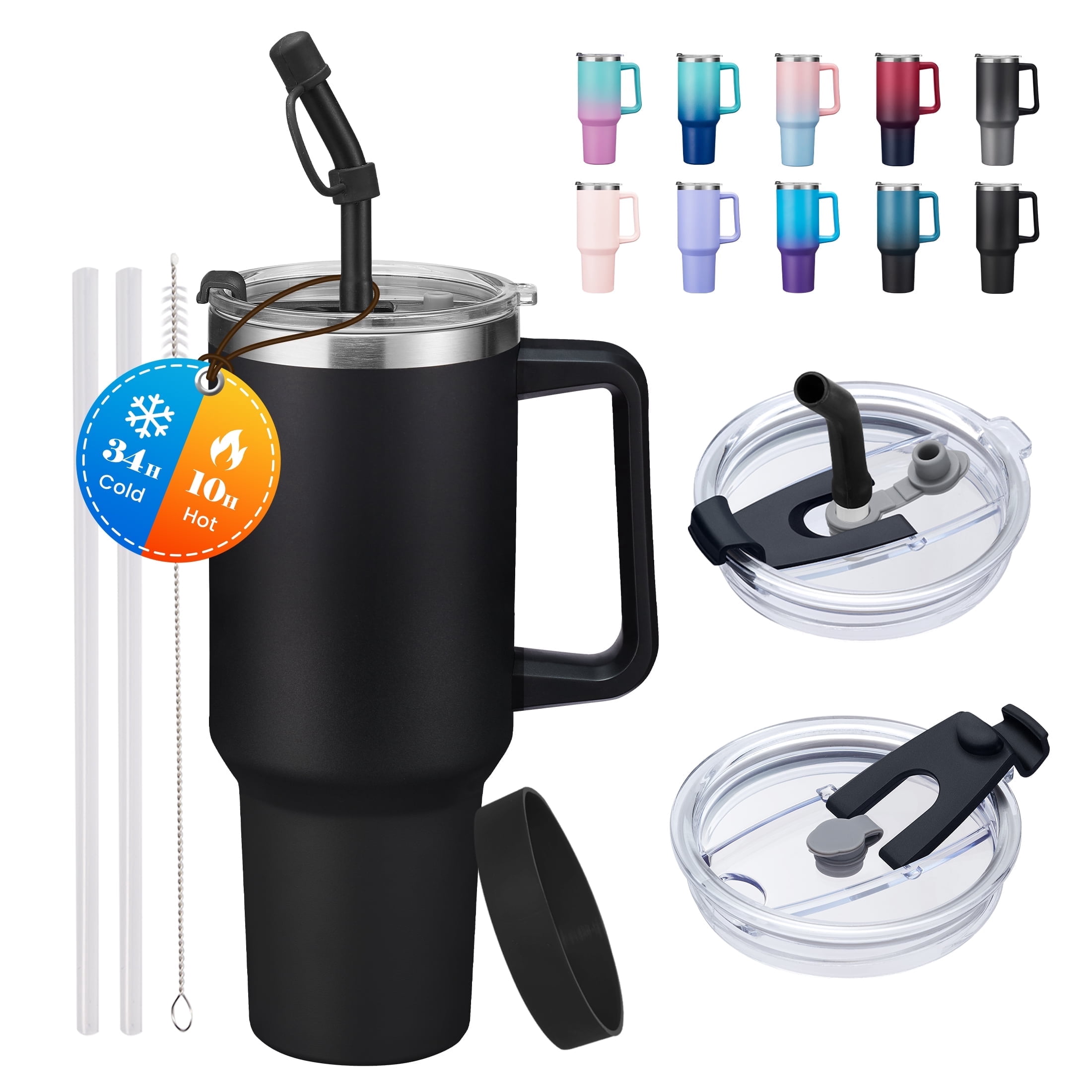 Tumbler with Handle & Straw 40oz - Insulated Water Bottle Stainless Steel Travel Coffee Mug 40 oz,100% Leak-proof Dustproof for Car Cup Holders (Black)