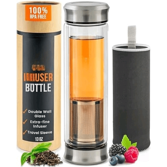Tumbler with Infuser - Double Wall Glass Travel Mug with Stainless Steel Filter - Leakproof Tea Infuser Bottle for Loose Leaf Infusions and Fruit Infused Water - Unique Gift Set - 13 oz