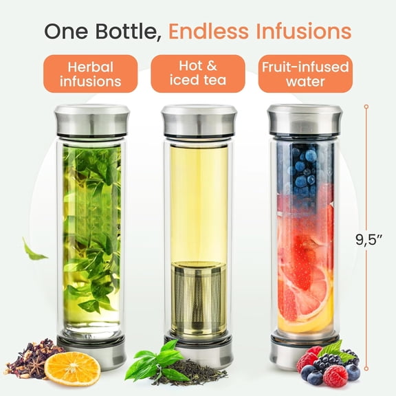 Tumbler with Infuser - Double Wall Glass Travel Mug with Stainless Steel Filter - Leakproof Tea Infuser Bottle for Loose Leaf Infusions and Fruit Infused Water - Unique Gift Set - 13 oz