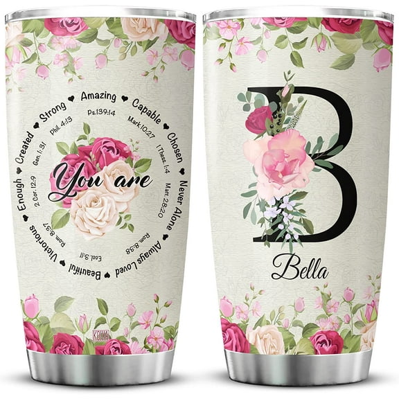 Tumbler With Initial Name Floral Flower Print Coffee Cup 20 Oz You Are Amazing Gifts For Women Stainless Steel Travel Mug Christian Positive Affirmation Gift