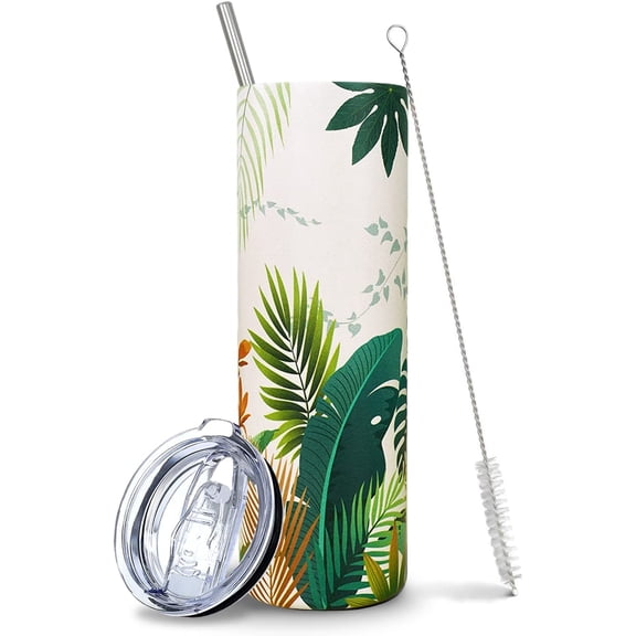 Tumbler Leaf, Plant Lover Gifts, Tropical Leaf Skinny Tumbler with Straw and Lid, Unique Birthday Gifts for Women, Friends Female, Teenage Girls- Palm Leaf Tumbler, Plant Insulated Tumbler/Travel Mug
