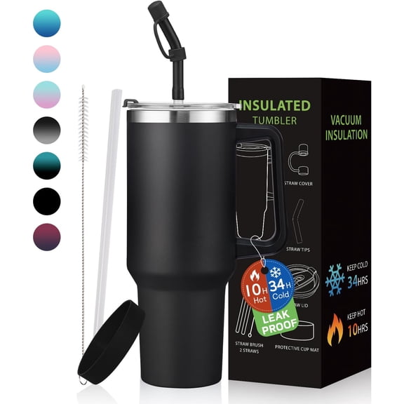 Tumbler with Lid and Straw 40oz Stainless Steel Tumblers with Protective Boot & Double Threaded Cap, Thermal Travel Coffee Mug Flask Keeps Cold-34 Hrs for Gym Office, Cupholder Friendly