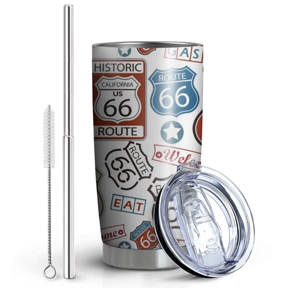 Tumbler Route 66 Cute Insulated Coffee Cup Beverage Container Travel Mug with Straw and Lid Double Wall Stainless Steel 20oz Holiday Gift