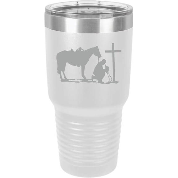 Tumbler Stainless Steel Vacuum Insulated Travel Mug Cowboy Praying Cross Horse (White, 30 oz)