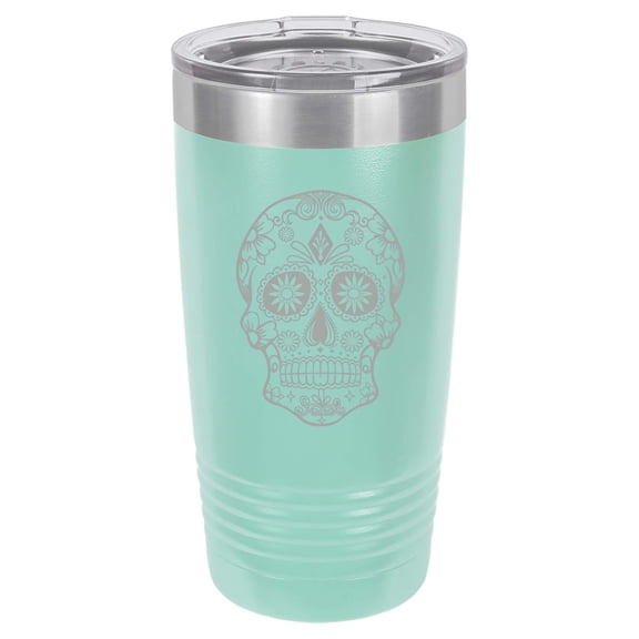Tumbler Stainless Steel Vacuum Insulated Travel Mug Sugar Candy Skull (Teal, 20 oz)