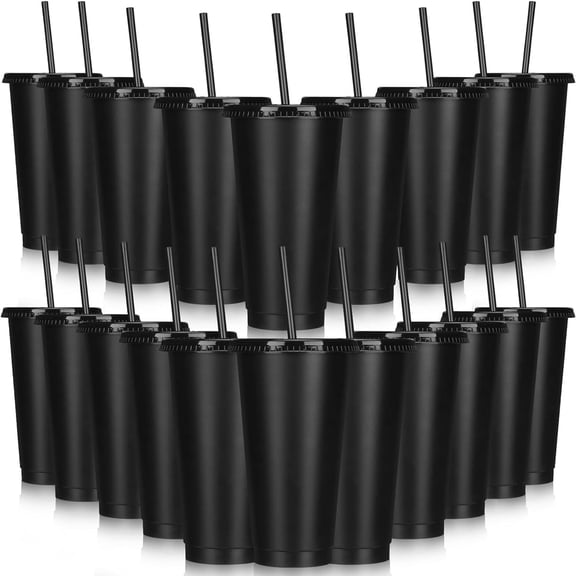 Tumbler with Straw and Lid Bulk 24 oz Reusable Plastic Cups with Lids and Straws Water Bottle Travel Mug Cup Tumblers Bulk for Cold Hot Drinks Parties Birthdays Adults (Black,24 Sets)