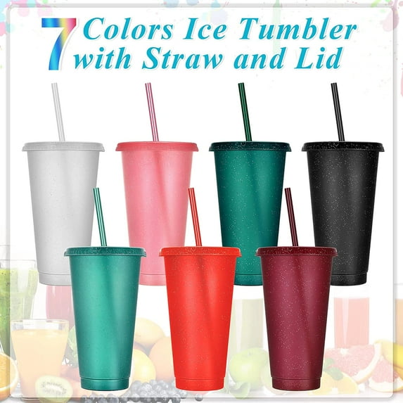 Tumbler with Straw and Lid Water Bottle Reusable Cups Tumblers and Water Glasses Plastic Drinking Straw Tumbler Iced Coffee Travel Mug Cup for Parties Birthdays Adults Children(16 oz,7 Colors)