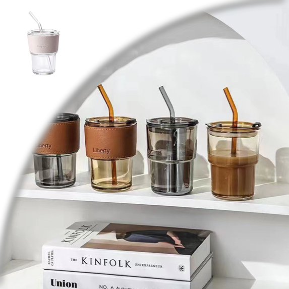 Tumbler Water Glass, Cups with Straw and Lid Sealed Carry on for Coffee, Iced Tea, Thick Wall Insulated Glass Cup