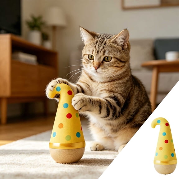 Tumbler Wobble Cat Toy with Weighted Bottom, Self Righting Action for Curiosity and Play, Colorful Feathers and Scratching Surface for Indoor Exercise