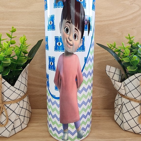 Tumbler/cup. 20 oz skinny tumbler. Monster Friends. With Boo Monster Friends. character. White with purple and green chevron background