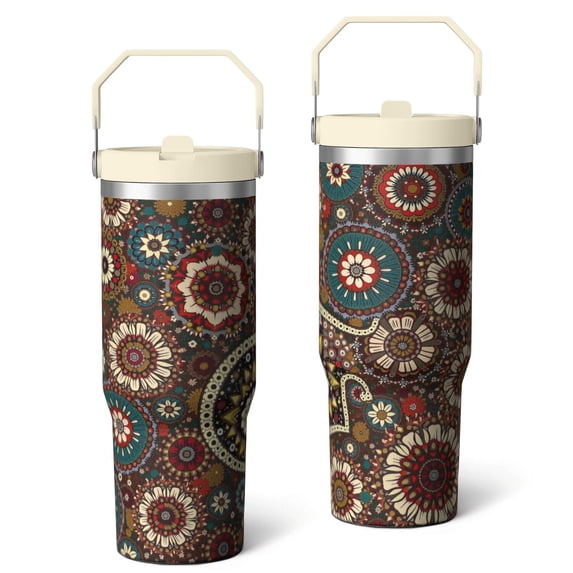 Tumbler with Handle 30oz Stainless Steel Insulated Flip Straw Coffee Cup Gifts for Best Friend Travelers Paisley Design Mug for Gaming Sessions