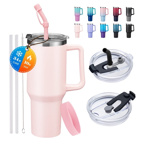 40oz Insulated Tumbler with Handle and Straw, Stainless Steel Travel Coffee Mug, Keeps Cold 34 Hrs & Hot 10 Hrs, Leakproof Water Bottle for Car Office Gym (Pink)