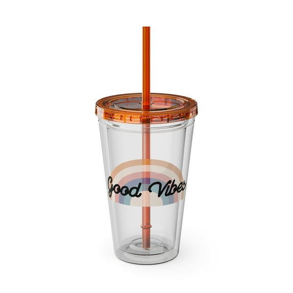 Tumbler with Straw, 16oz Plastic Tumbler Cup with Lid and Straw Good Vibes