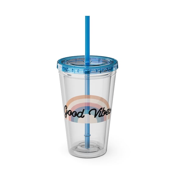 Tumbler with Straw, 16oz Plastic Tumbler Cup with Lid and Straw Good Vibes