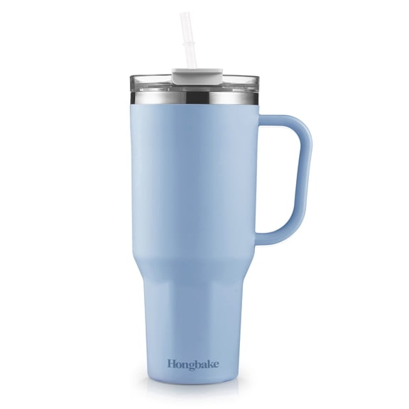 HONGBAKE 40 oz Tumbler with Handle and Straw Lid, Insulated Stainless Steel Tumbler, Travel Mug Fits Cup Holder, Powder Blue