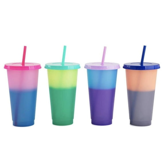 Tumblers with Lids (4 pack) 24oz Colored Changing Reusable Cups with Lids and Straws | Matte Plastic Bulk Tumblers