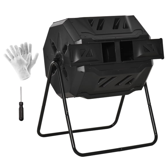 Tumbling Compost Bin Outdoor 360 Dual Chamber Rotating Composter 43 Gallon, Black