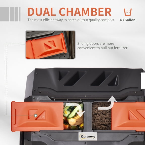 Tumbling Compost Bin Outdoor 360° Dual Chamber Rotating Composter 43 Gallon, Orange,