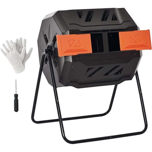 Tumbling Compost Bin Outdoor 360° Dual Chamber Rotating Composter 43 Gallon, Orange