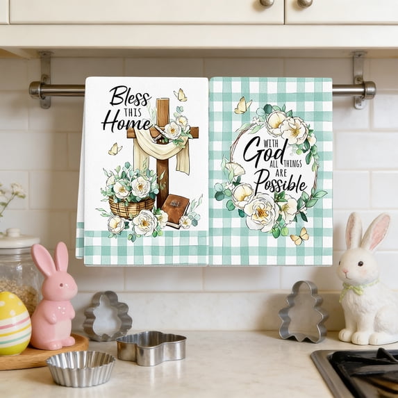 Tumdkd Easter Kitchen Towels Set of 2, 26x17.7 Inch Absorbent Dish Cloths, Multicolor Bunny Egg Hand Towels, Soft Polyester Tea Towels for Cooking Baking, Spring Holiday Decor