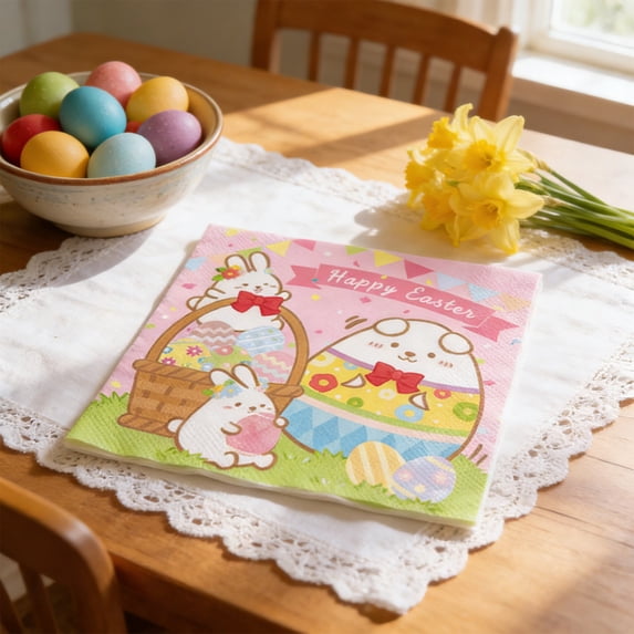 Tumdkd Easter Themed Disposable Plates 16 Count, Pink Bunny Egg Paper Plates, Spring Party Tableware Set with Napkins Cups, Holiday Dinnerware for Everyday Use