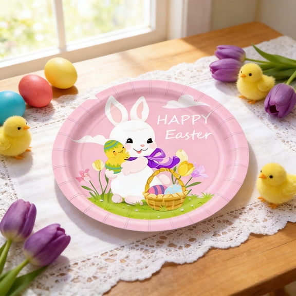 Tumdkd Easter Themed Disposable Plates 16 Count, Pink Bunny Egg Paper Plates, Spring Party Tableware Set with Napkins Cups, Holiday Dinnerware for Everyday Use