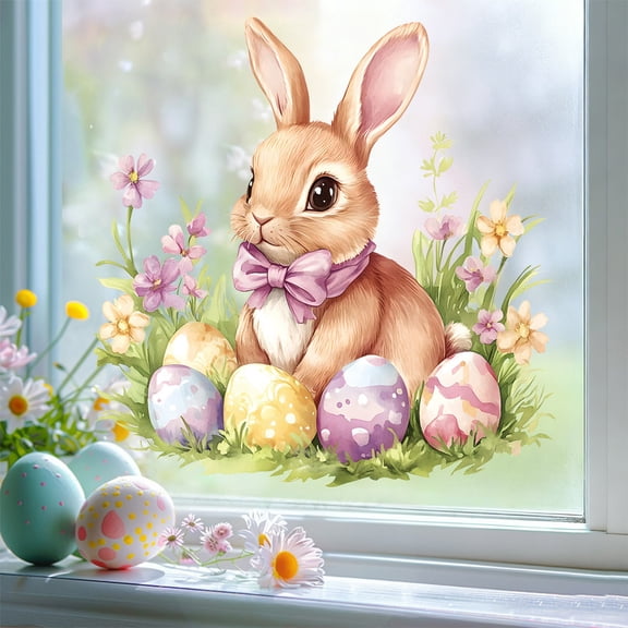 Tumdkd Easter Window Stickers 12x12 Inch, Rabbits Easter Egg Adhesive Decals, Watercolor Bunny Wall Stickers, Removable PVC Window Clings for Home Glass Door Decoration