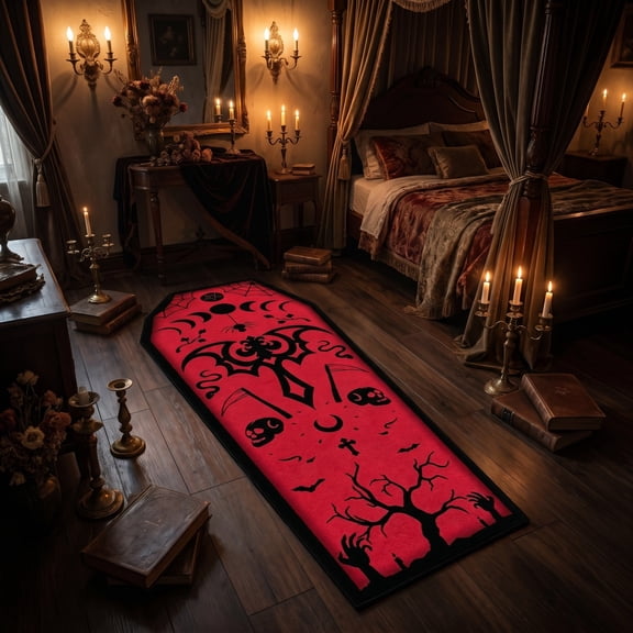 Tumdkd Gothic Coffin Shape Area Rug Non-Slip Halloween Floor Mat Skull Pentagram Decor for Bedroom Goth Room Dorm Horror Theme Carpet 23.6x55.1 Inch