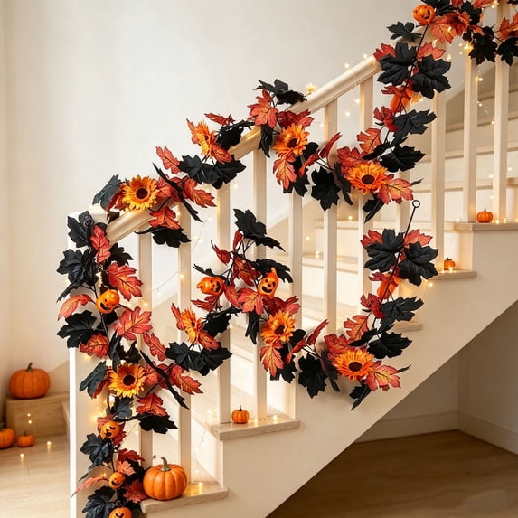 Tumdkd Pumpkin Maple Leaf Garland, Black Orange Artificial Fall Vine for Mantel, Stair Railing, Doorway and Table Decor