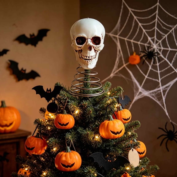 Tumdkd Halloween Skull Tree Topper Resin Ornament with Spring Coil Base for Black Spruce Tree Mantel Haunted House Decor Graduation Party Supply