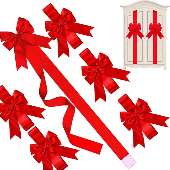 Tumdkd Large Red Christmas Velvet Cabinet Door Bow Ribbon 8ft with Wire Edge & Hook Fastener for Kitchen Furniture Fireplace Party Decor