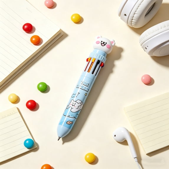 Tumdkd 10 Color Cute Character Multi-Color Ballpoint Pen, Click Style Retractable Colored Pens, All-in-One Office Art Journaling Stationery, 1pc
