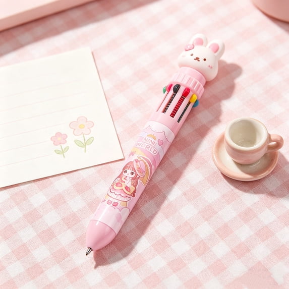Tumdkd 10 Color Cute Character Multi-Color Ballpoint Pen, Click Style Retractable Colored Pens, All-in-One Office Art Journaling Stationery, 1pc