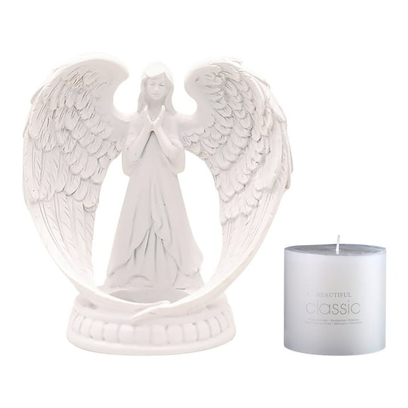 Haliyee White Angel Wing Praying Sandstone Statue Angel Figurine Prayer Home Decor Memorial Candle Holder,Wedding Christmas Church Baptism Sympathy Angel Collection Figurine